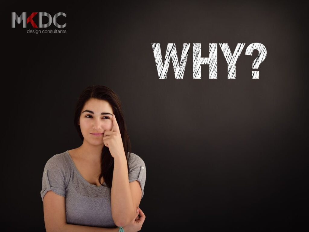 Woman pondering with "WHY?" text on a chalkboard background. 