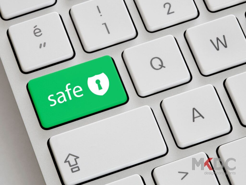 Keyboard with a green "safe" key featuring a shield icon. 