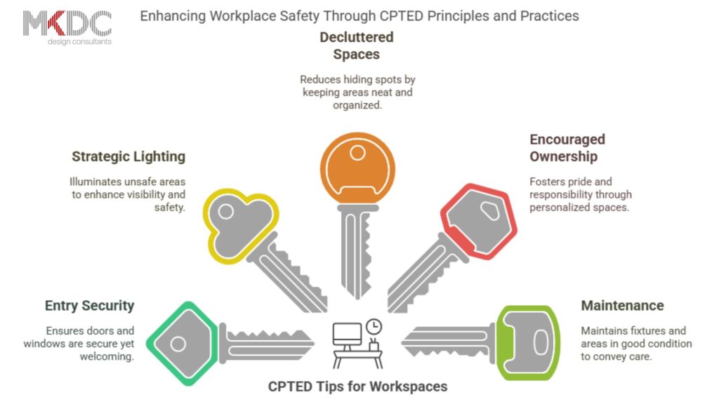 Infographic on CPTED tips: lighting, decluttering, security, ownership, and maintenance. 